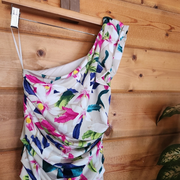 Express One Shoulder Bodycon Sheath Dress Floral Tropical Pleated Stretch Size 2 - Picture 3 of 10